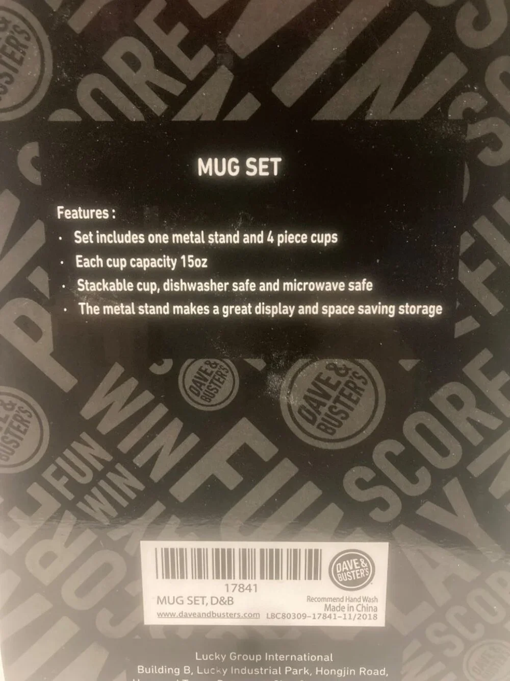 Dave & Busters 4-Piece Stackable Mug Set With Metal Stand 15oz Each Dishwasher &